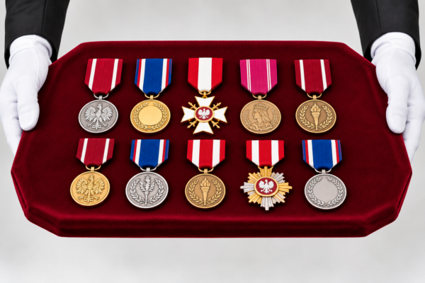 Ceremonialne medale na aksamitnej tacy