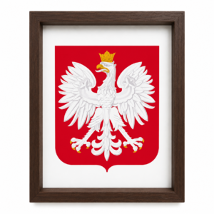Godło Polski w ciemnobrązowej drewnianej ramie A4