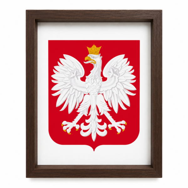 Godło Polski w brązowej ramie A4 Godło Polski w ciemnobrązowej drewnianej ramie A4