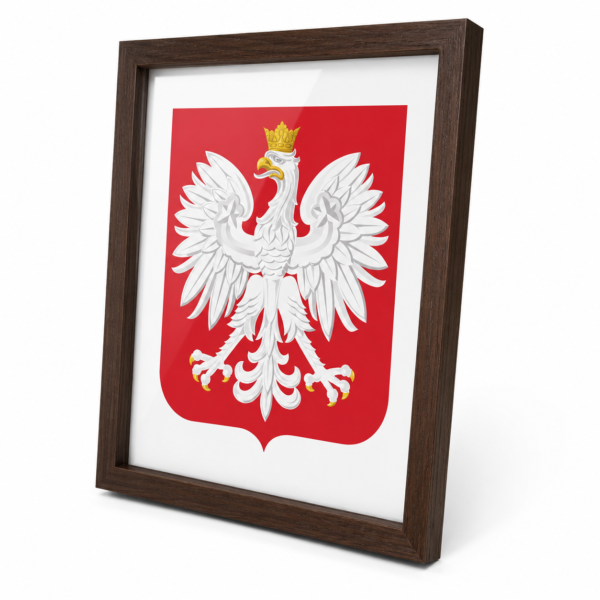 Godło Polski w brązowej ramie A4 – widok pod kątem Godło Polski w ciemnobrązowej drewnianej ramie A4