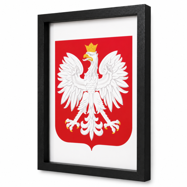 Godło Polski w czarnej ramie A4 – widok boczny Godło Polski w czarnej ramie A4 – widok pod kątem