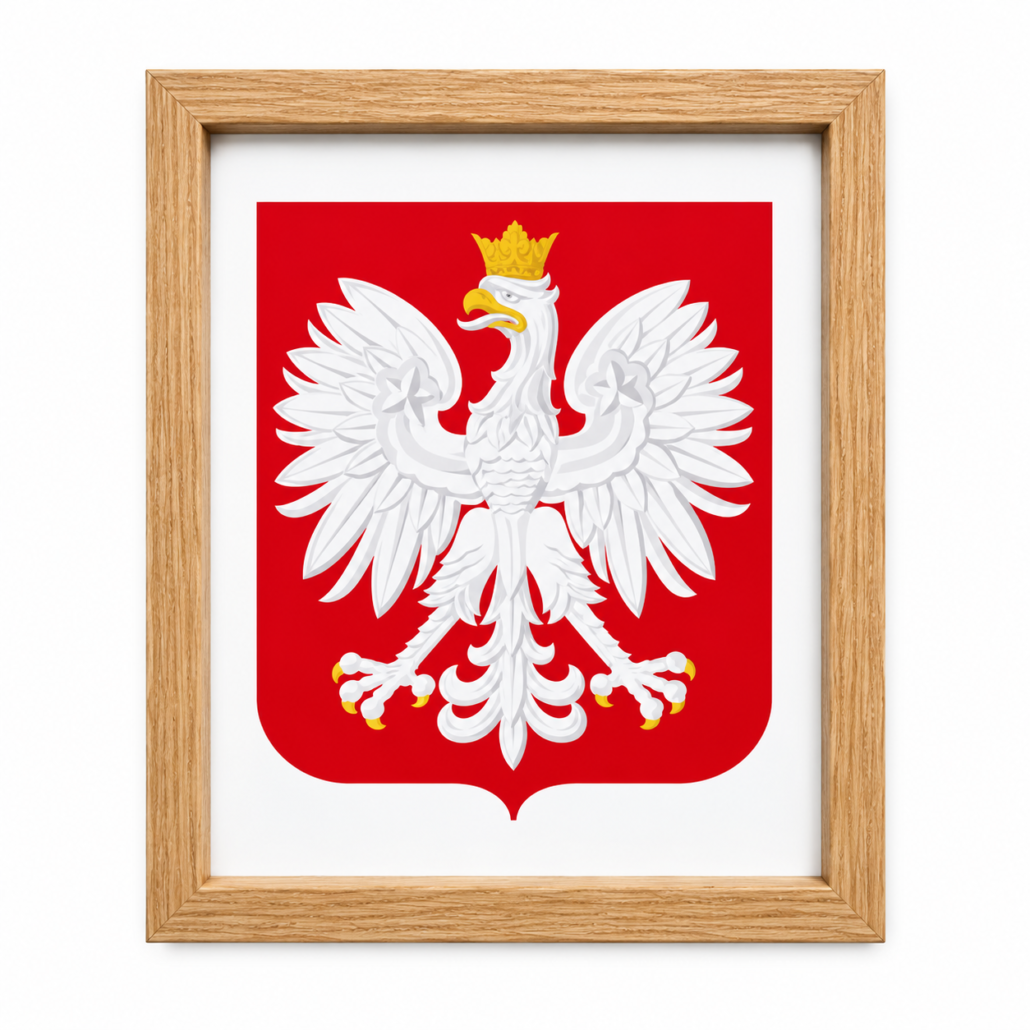 Godło Polski w jasnej drewnianej ramie A4