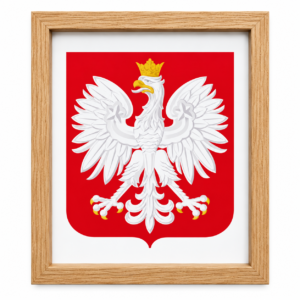 Godło Polski w jasnej drewnianej ramie – aranżacja