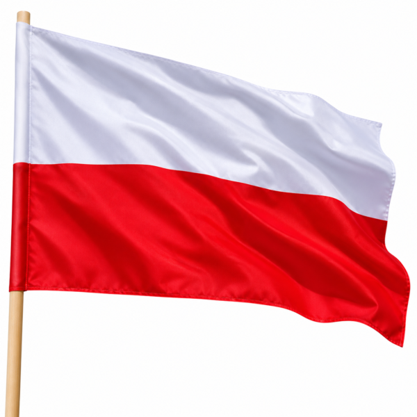 Flaga Polski na drzewiec – gabardyna 70x105 i 90x135 cm Flaga Polski biało-czerwona z gabardyny na drzewcu