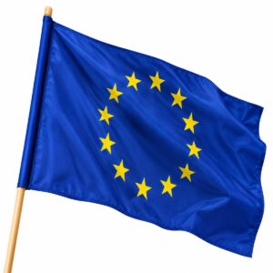 Flaga Unii Europejskiej 150 × 90 cm – z tunelem na drzewiec Flaga Unii Europejskiej 150 × 90 cm z tunelem na drzewiec – niebieska z 12 żółtymi gwiazdami